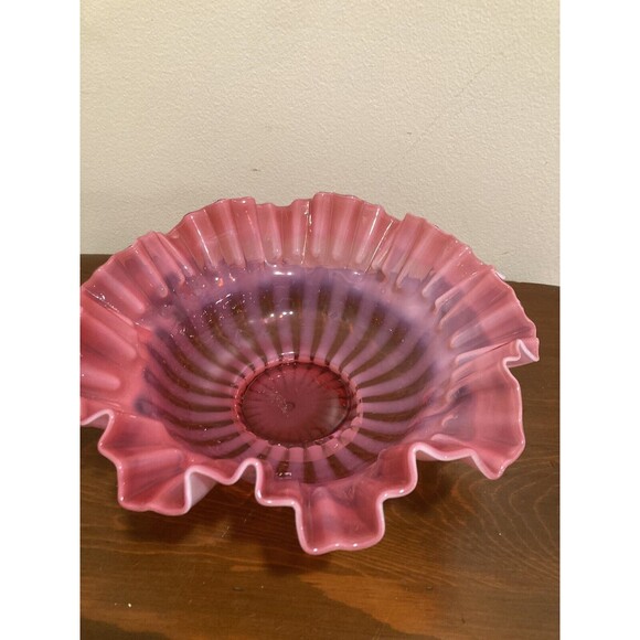 FENTON Cranberry Opalescent Striped Rose Overlay Ruffled Art Brides Bowl - Picture 4 of 16